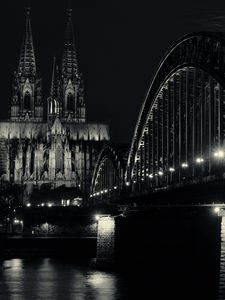 Preview wallpaper bridge, building, lights, tower, night, black and white