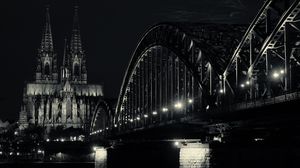 Preview wallpaper bridge, building, lights, tower, night, black and white