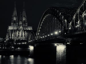 Preview wallpaper bridge, building, lights, tower, night, black and white