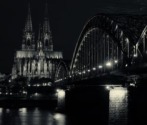 Preview wallpaper bridge, building, lights, tower, night, black and white