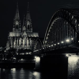 Preview wallpaper bridge, building, lights, tower, night, black and white