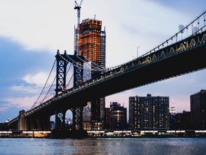 Preview wallpaper bridge, building, lights, construction, water