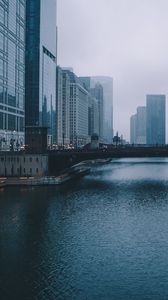 Preview wallpaper bridge, building, skyscrapers, river