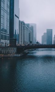 Preview wallpaper bridge, building, skyscrapers, river