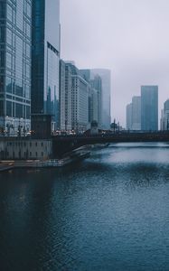 Preview wallpaper bridge, building, skyscrapers, river