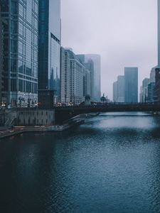 Preview wallpaper bridge, building, skyscrapers, river