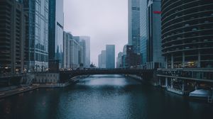 Preview wallpaper bridge, building, skyscrapers, river