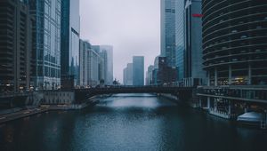Preview wallpaper bridge, building, skyscrapers, river