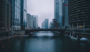 Preview wallpaper bridge, building, skyscrapers, river
