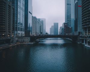 Preview wallpaper bridge, building, skyscrapers, river