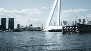 Preview wallpaper bridge, buildings, architecture, city, coast, water