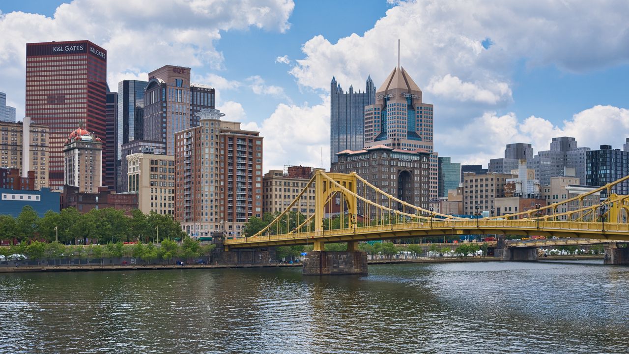 Wallpaper bridge, buildings, architecture, river, city, clouds