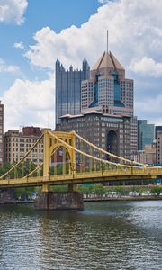 Preview wallpaper bridge, buildings, architecture, river, city, clouds