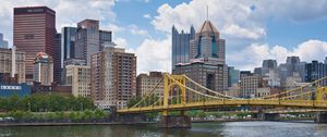 Preview wallpaper bridge, buildings, architecture, river, city, clouds