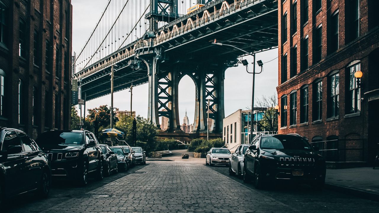 Wallpaper bridge, buildings, cars, city