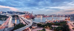 Preview wallpaper bridge, buildings, city, top view