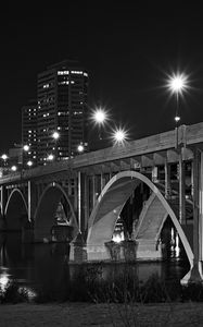 Preview wallpaper bridge, buildings, city, bw, night