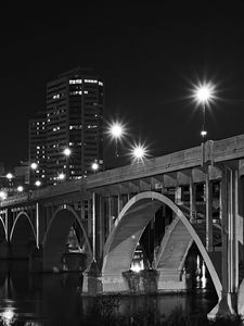 Preview wallpaper bridge, buildings, city, bw, night