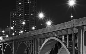 Preview wallpaper bridge, buildings, city, bw, night