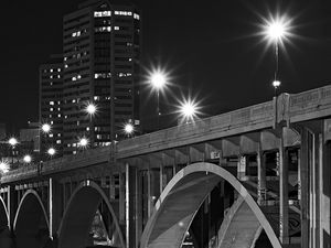 Preview wallpaper bridge, buildings, city, bw, night