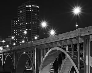 Preview wallpaper bridge, buildings, city, bw, night