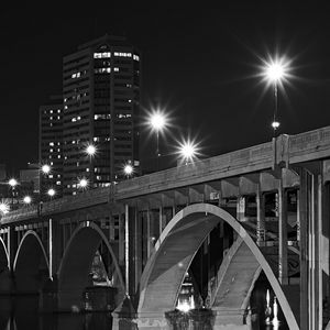 Preview wallpaper bridge, buildings, city, bw, night