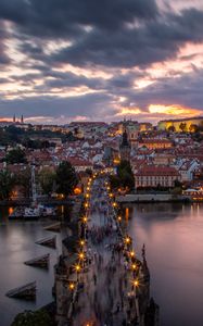 Preview wallpaper bridge, buildings, city, sunset, architecture, old