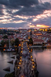 Preview wallpaper bridge, buildings, city, sunset, architecture, old