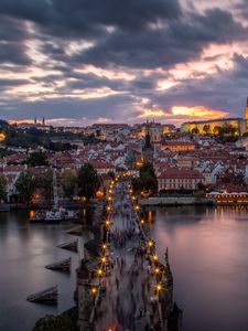 Preview wallpaper bridge, buildings, city, sunset, architecture, old