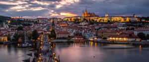 Preview wallpaper bridge, buildings, city, sunset, architecture, old