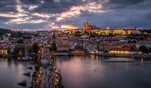 Preview wallpaper bridge, buildings, city, sunset, architecture, old