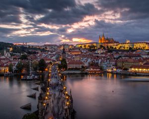Preview wallpaper bridge, buildings, city, sunset, architecture, old
