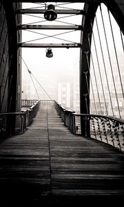 Preview wallpaper bridge, buildings, fog, black and white