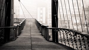 Preview wallpaper bridge, buildings, fog, black and white