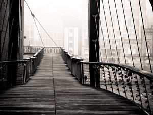 Preview wallpaper bridge, buildings, fog, black and white