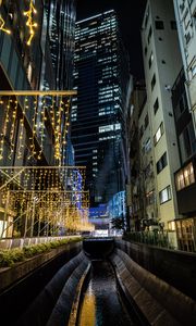 Preview wallpaper bridge, buildings, garland, night