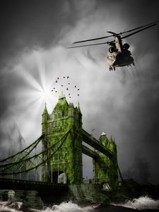 Preview wallpaper bridge, buildings, helicopter, sky