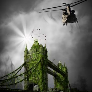 Preview wallpaper bridge, buildings, helicopter, sky