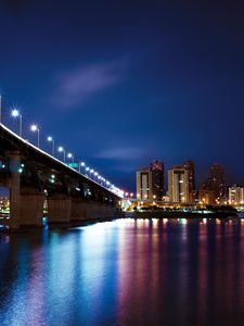 Preview wallpaper bridge, buildings, houses, lights, night, reflection