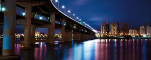 Preview wallpaper bridge, buildings, houses, lights, night, reflection