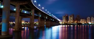 Preview wallpaper bridge, buildings, houses, lights, night, reflection
