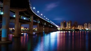 Preview wallpaper bridge, buildings, houses, lights, night, reflection