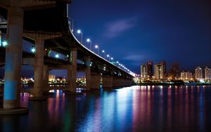 Preview wallpaper bridge, buildings, houses, lights, night, reflection