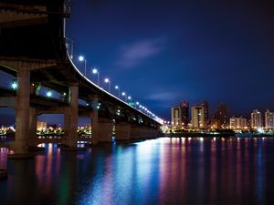 Preview wallpaper bridge, buildings, houses, lights, night, reflection