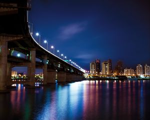 Preview wallpaper bridge, buildings, houses, lights, night, reflection