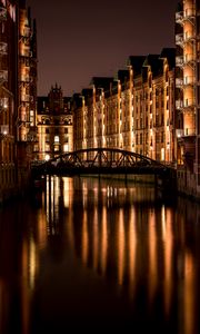 Preview wallpaper bridge, buildings, lights, night, water, reflection