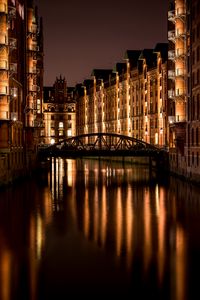 Preview wallpaper bridge, buildings, lights, night, water, reflection