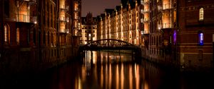 Preview wallpaper bridge, buildings, lights, night, water, reflection