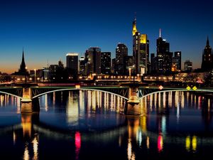 Preview wallpaper bridge, buildings, lights, river, reflection, night