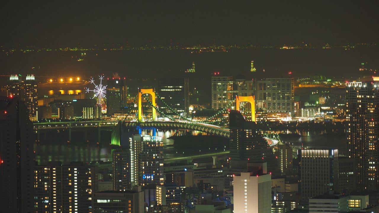 Wallpaper bridge, buildings, lights, night, city